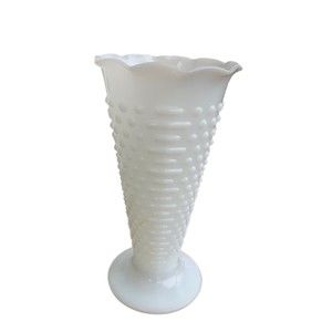 Large White Milk Glass Hobnail Trumpet Vase Scalloped Edge Vintage  9 1/2 Dash